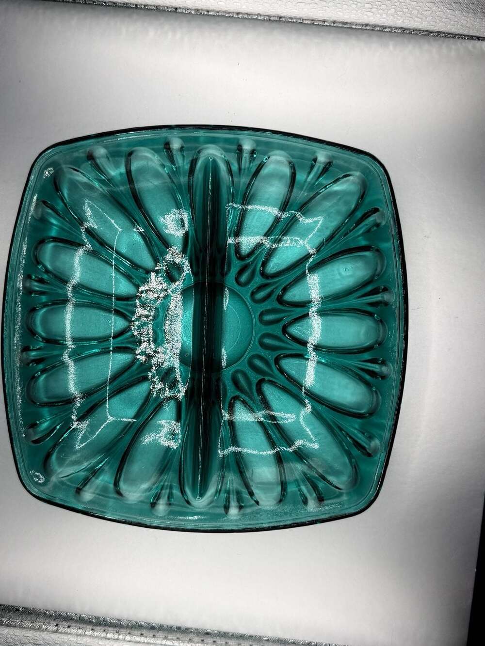 Vintage Teal Glass Divided Dish 7 Inches